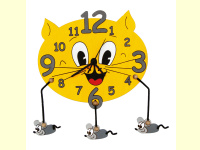 Bild für mertens Gelbe Holzuhr mit Motiv Katze und Mäuse